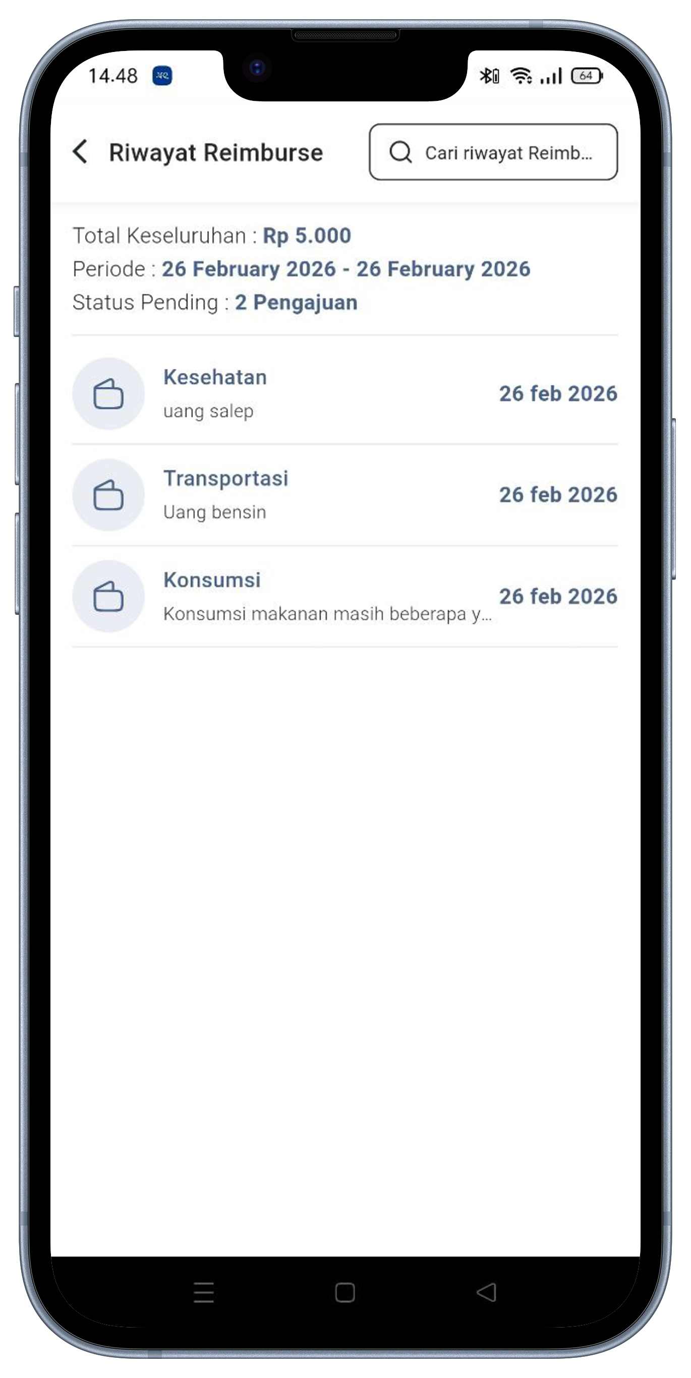 Screenshot tampilan Reimbursement MyQuh pada telepon
