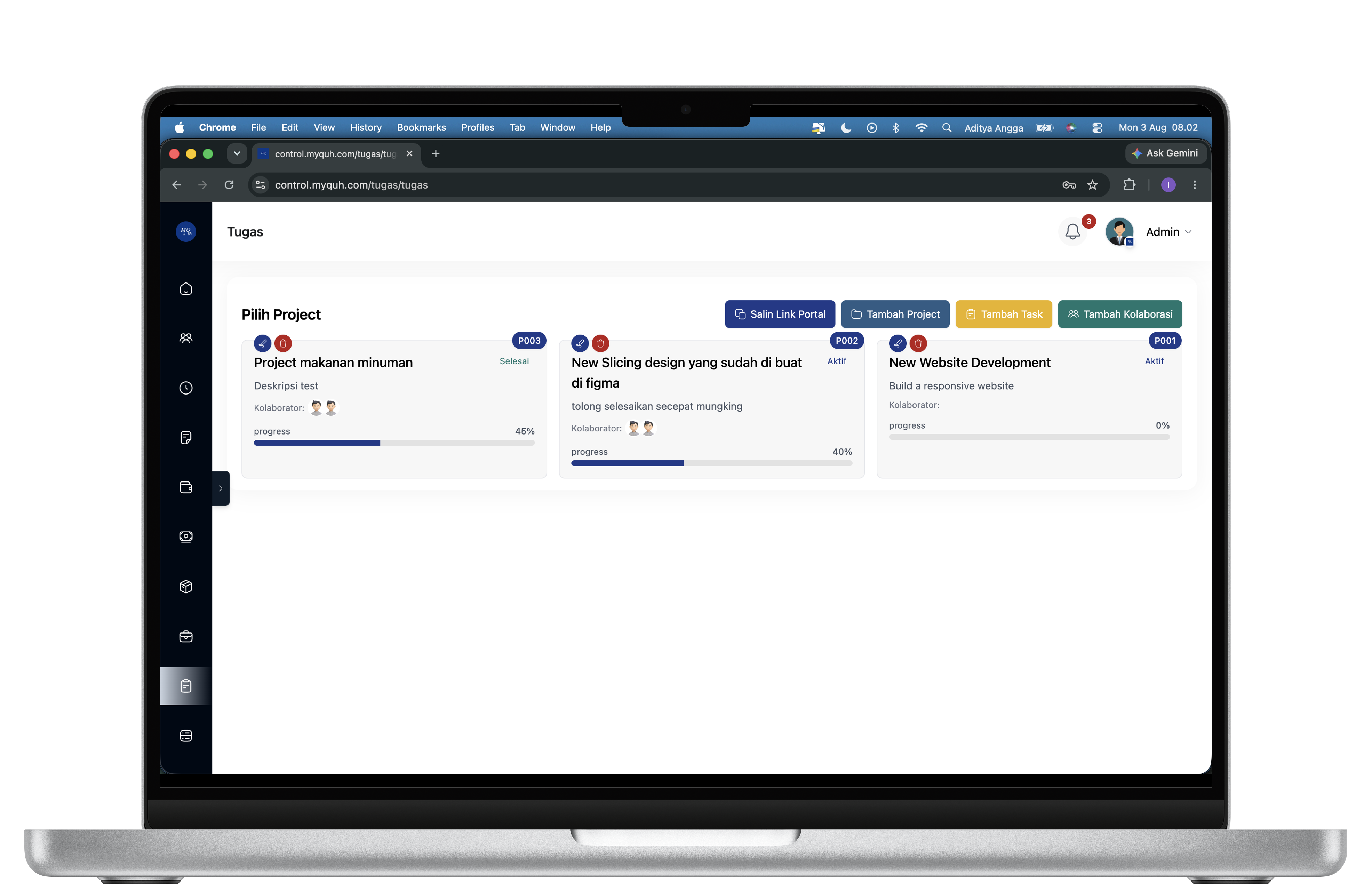 Screenshot tampilan Task Management MyQuh pada laptop